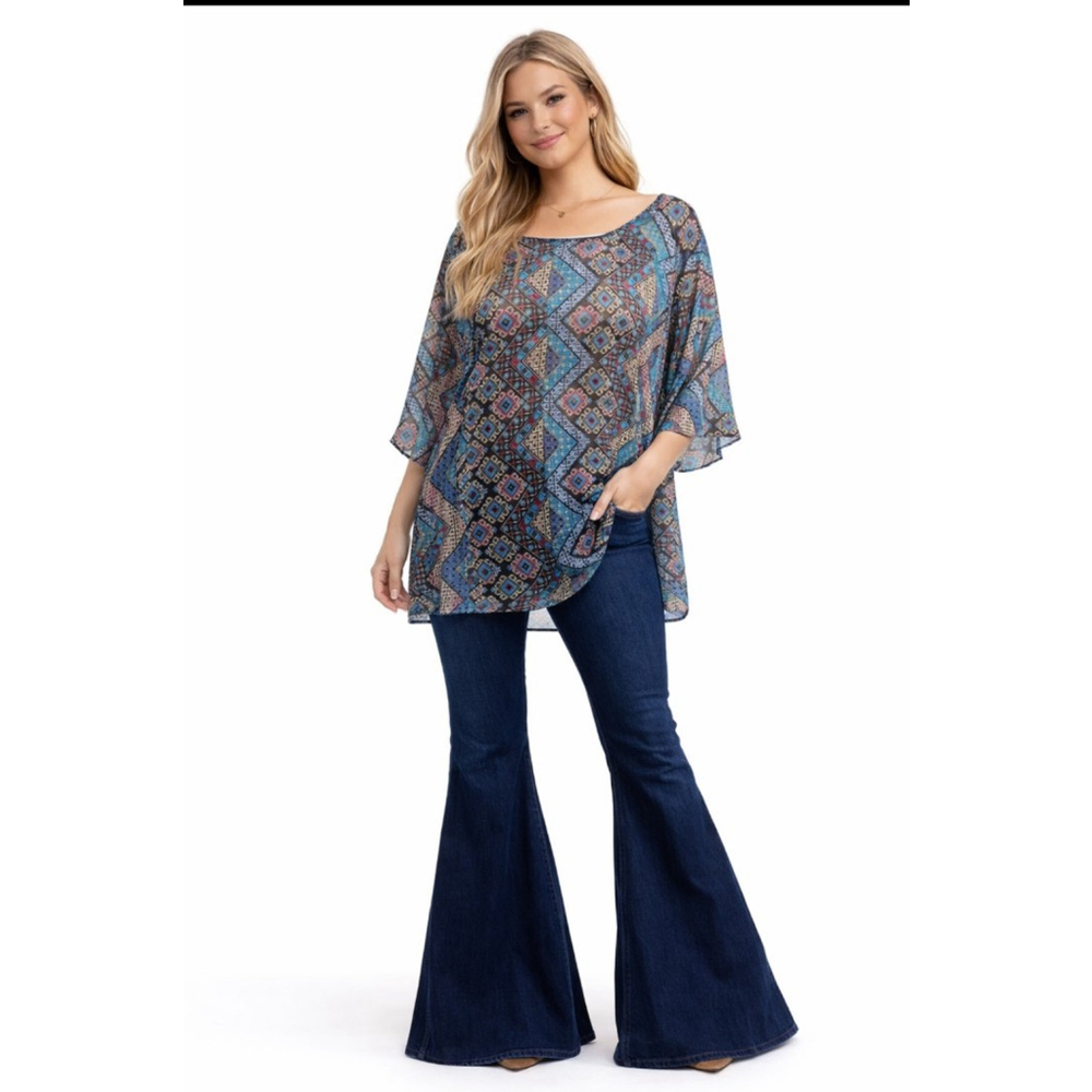Sheer Geometric Print Tunic Top – Size 2X – Flowy Lightweight Layering Piece